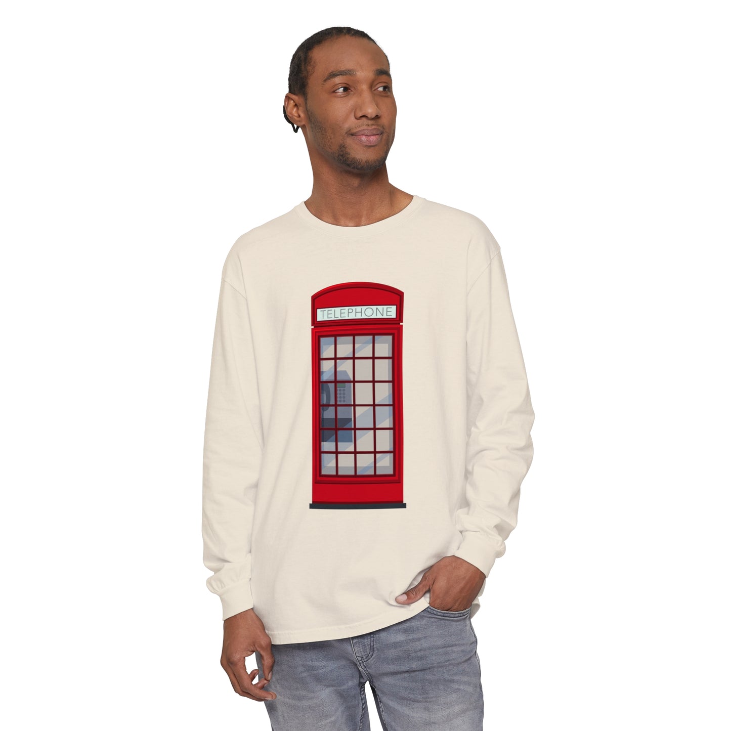 Unisex Garment-dyed Long Sleeve T-Shirt - Iconic British Public Telephone - Classic Red Phone Box