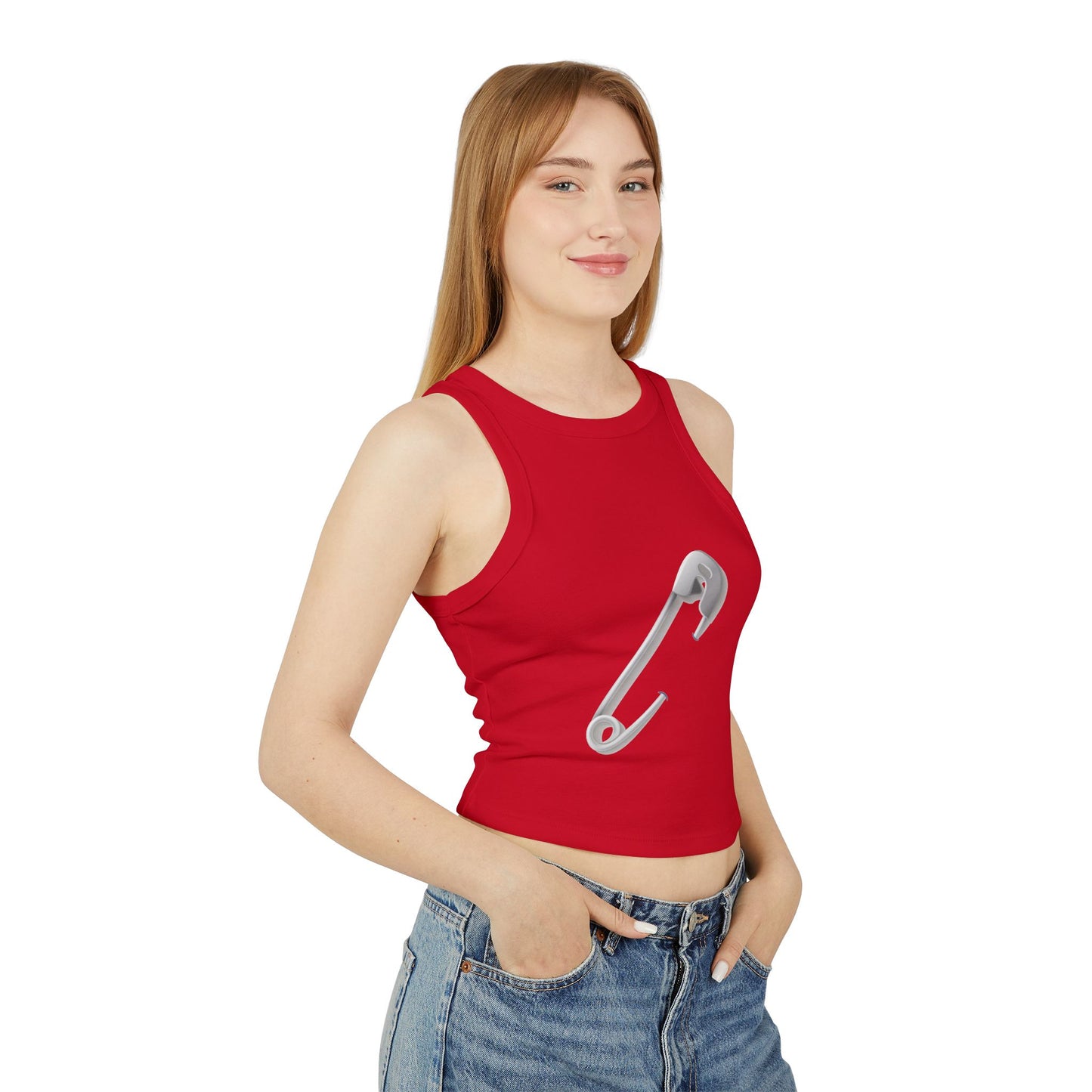Women's Micro Rib Racer Tank Top - Minimalist Safety Pin Design