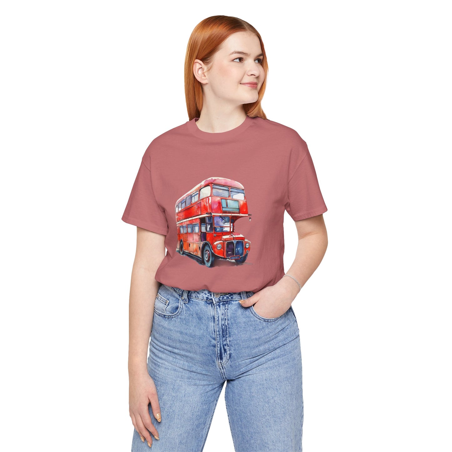 Unisex Jersey Short Sleeve Tee - London Transport English Bus - Iconic Red Double-Decker