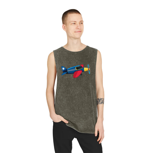 Unisex Stonewash Tank Top - Colorful Vintage Airplane Illustration - Retro Aviation