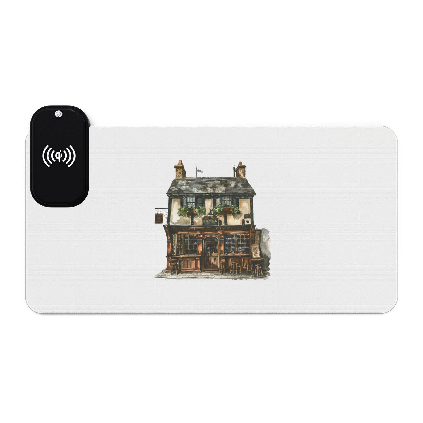 British Pub Exterior – Cozy Local Spot - LED Gaming Mouse Pad with Wireless Charging Station, Gamer Essentials, Desk Accessories, Tech Gifts, Modern Workspace