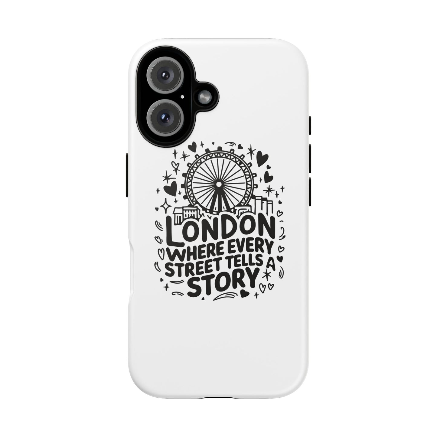 London Story Phone Case, Tough iPhone Cover, Gift for Travelers, London Souvenir, Black Typography Design