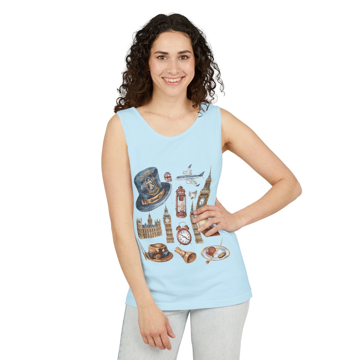 Unisex Garment-Dyed Tank Top - England Travel Icons Artistic Print