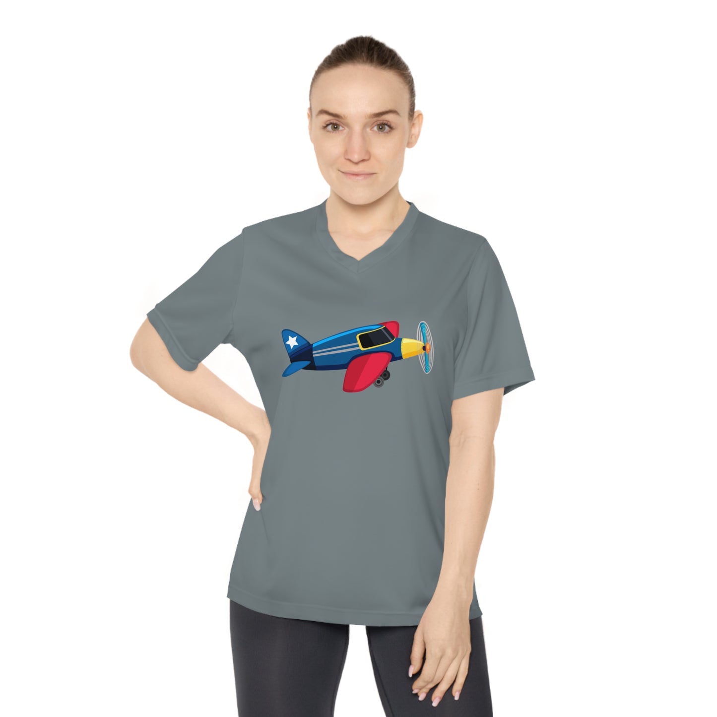 Women's Performance V-Neck T-Shirt - Retro Airplane Design for Aviation Enthusiasts