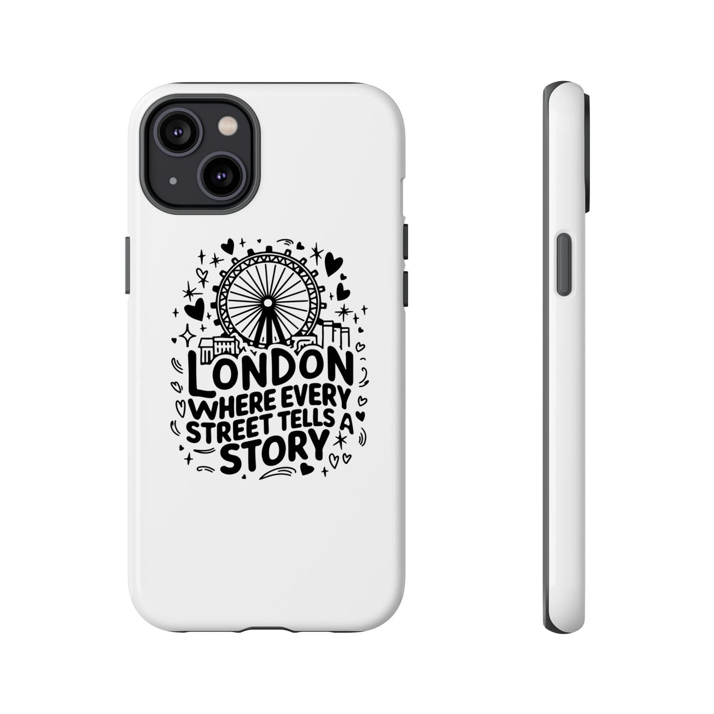 London Story Phone Case, Tough iPhone Cover, Gift for Travelers, London Souvenir, Black Typography Design