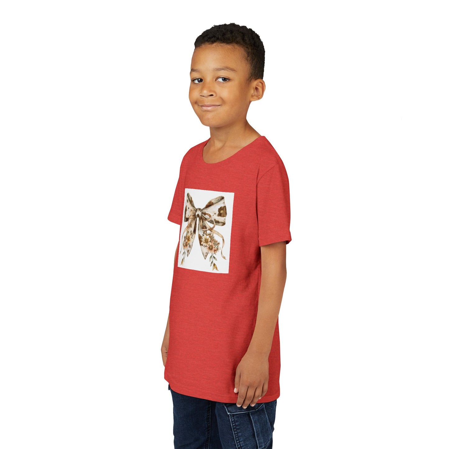 Youth Short Sleeve Tee - Boho Western Bow with Flowers and Cow Pattern - Cute & Comfortable for Everyday Wear