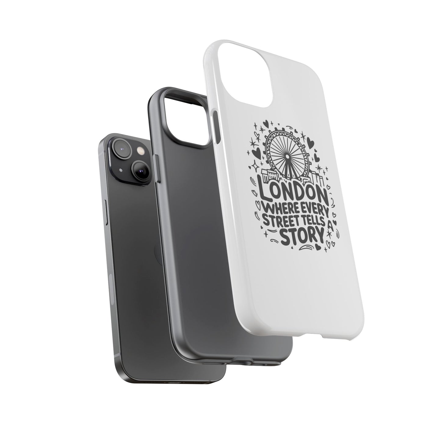London Story Phone Case, Tough iPhone Cover, Gift for Travelers, London Souvenir, Black Typography Design