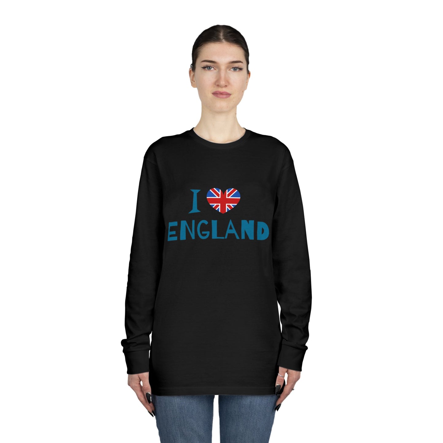 Long Sleeve Crewneck Tee - I Love England - Union Jack Heart Design