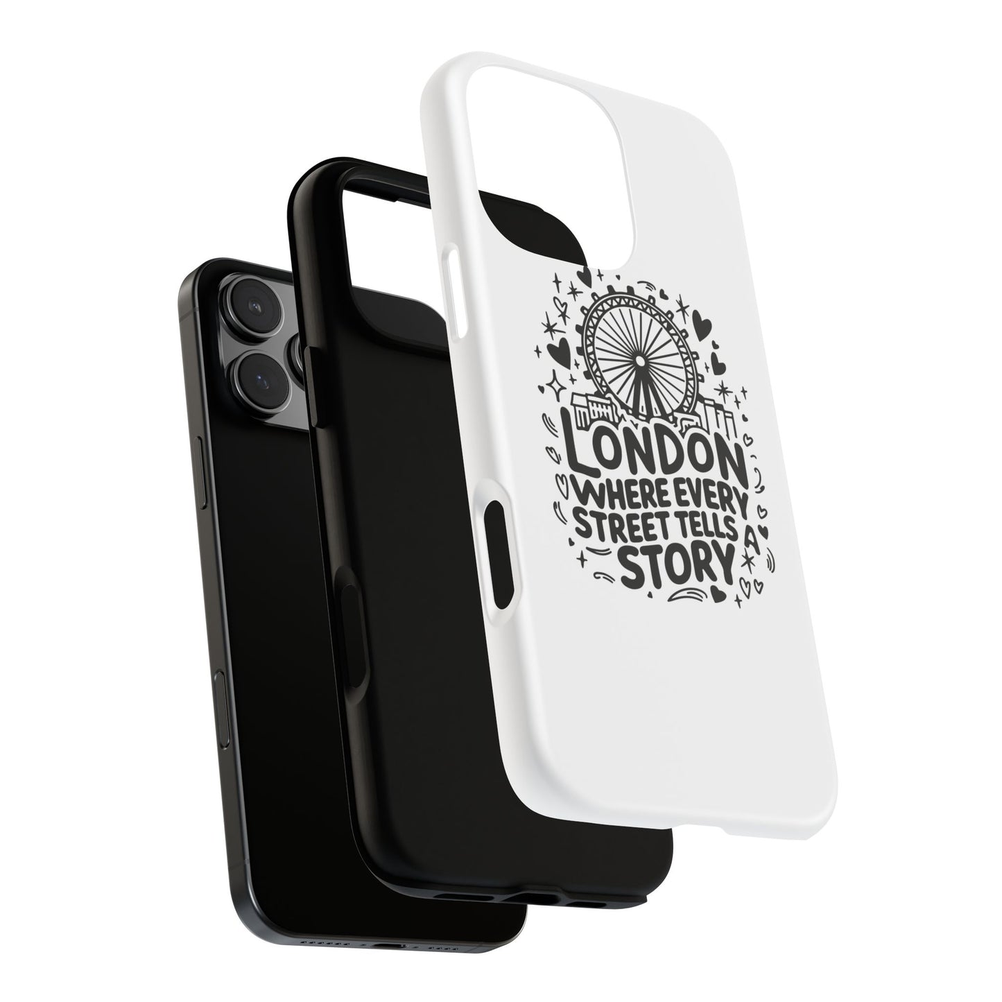 London Story Phone Case, Tough iPhone Cover, Gift for Travelers, London Souvenir, Black Typography Design