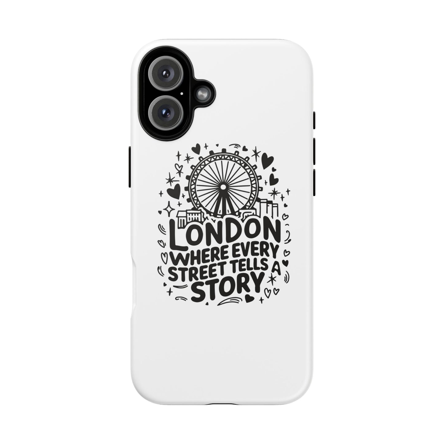 London Story Phone Case, Tough iPhone Cover, Gift for Travelers, London Souvenir, Black Typography Design