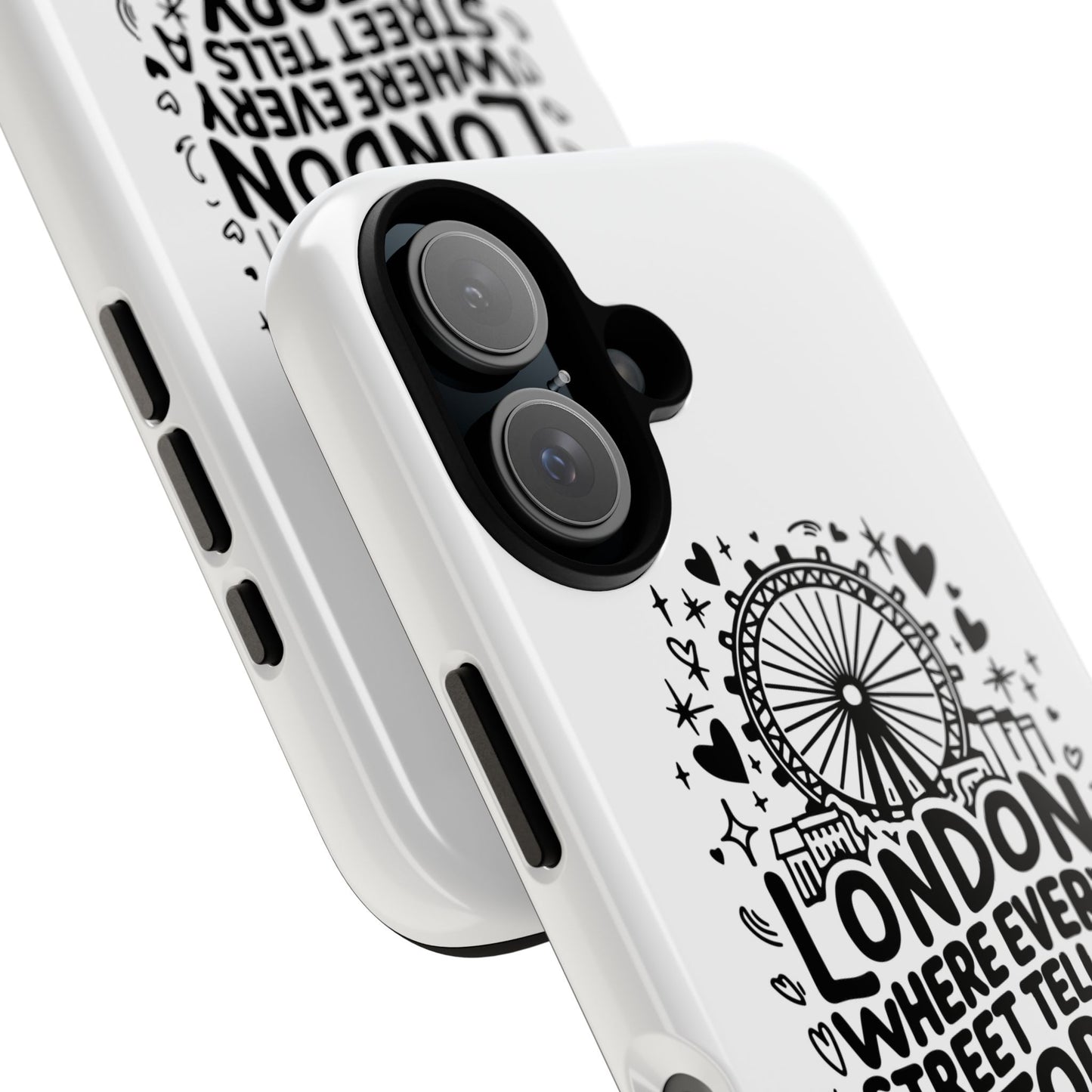 London Story Phone Case, Tough iPhone Cover, Gift for Travelers, London Souvenir, Black Typography Design
