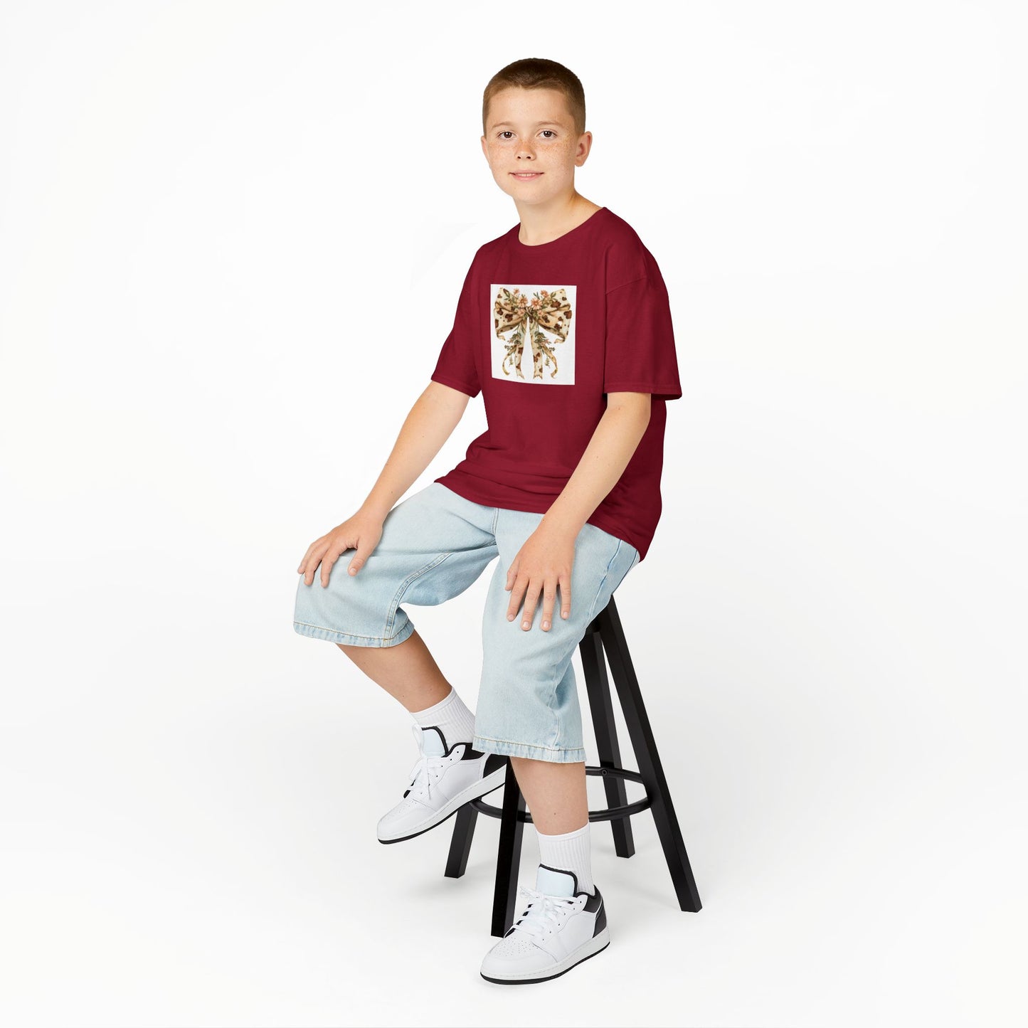 Kids Tee - Boho Western Bow with Flowers and Cow Pattern - Adorable Heavy Cotton T-Shirt for Little Fashionistas