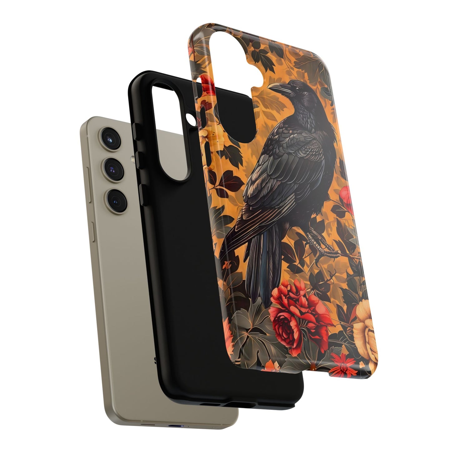 Raven Floral Phone Case - Tough Cases, Blackbird Decor, Gift for Nature Lovers, Bird Themed Accessories, Unique Phone Cover