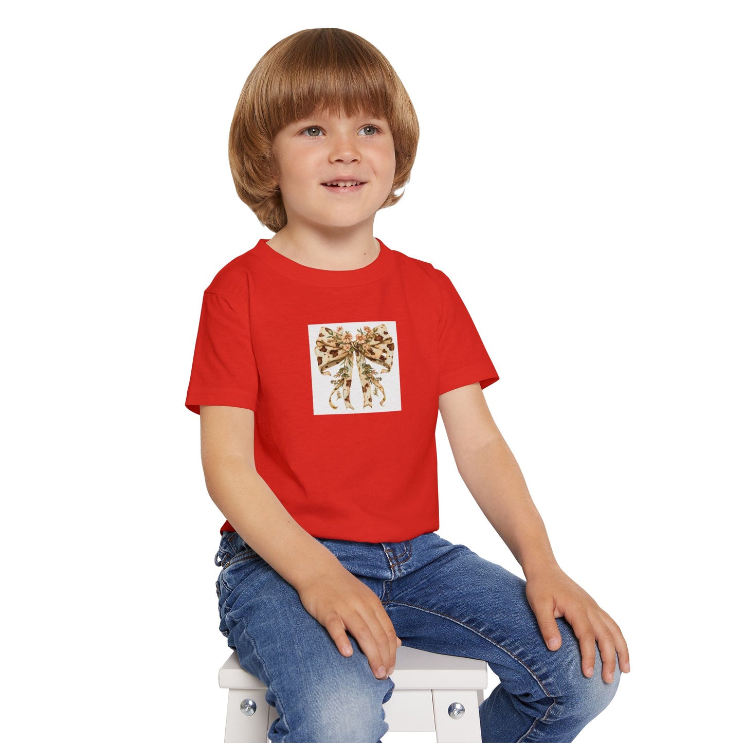 Toddler T-Shirt - Country Style Cow Print Bow with Wildflowers - Cute Kids Shirt for Celebrations