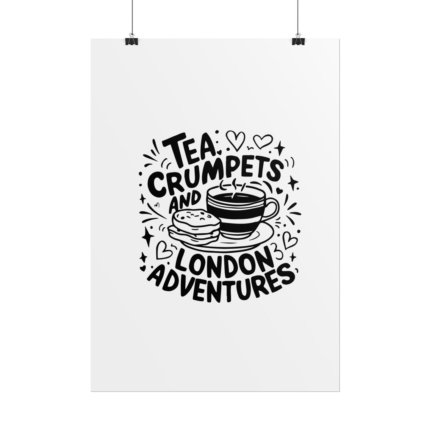 London Adventure Tea Crumpet Rolled Poster, Cute Wall Art, Gift for Tea Lovers, Home Decor, Travel Enthusiasts
