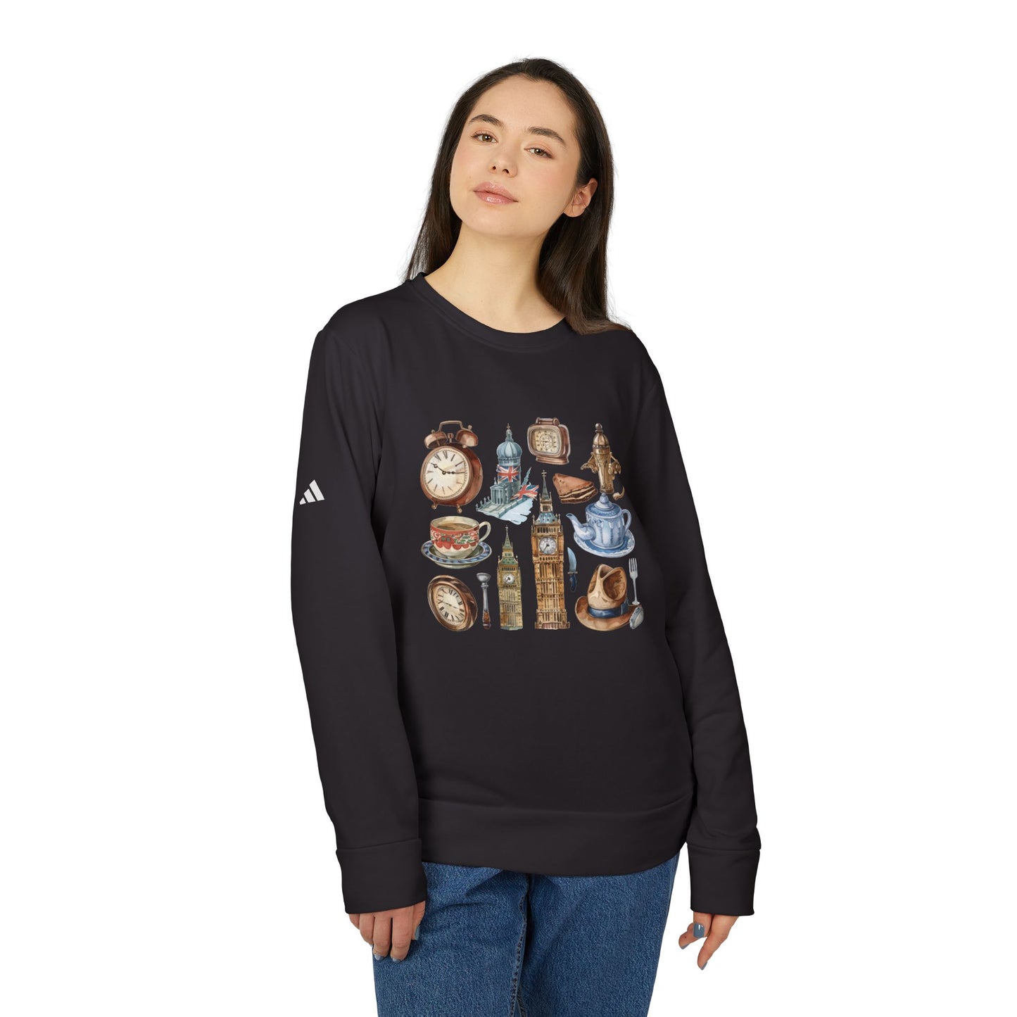 Adidas Unisex Fleece Crewneck Sweatshirt - Vintage England's Travel Icons Design