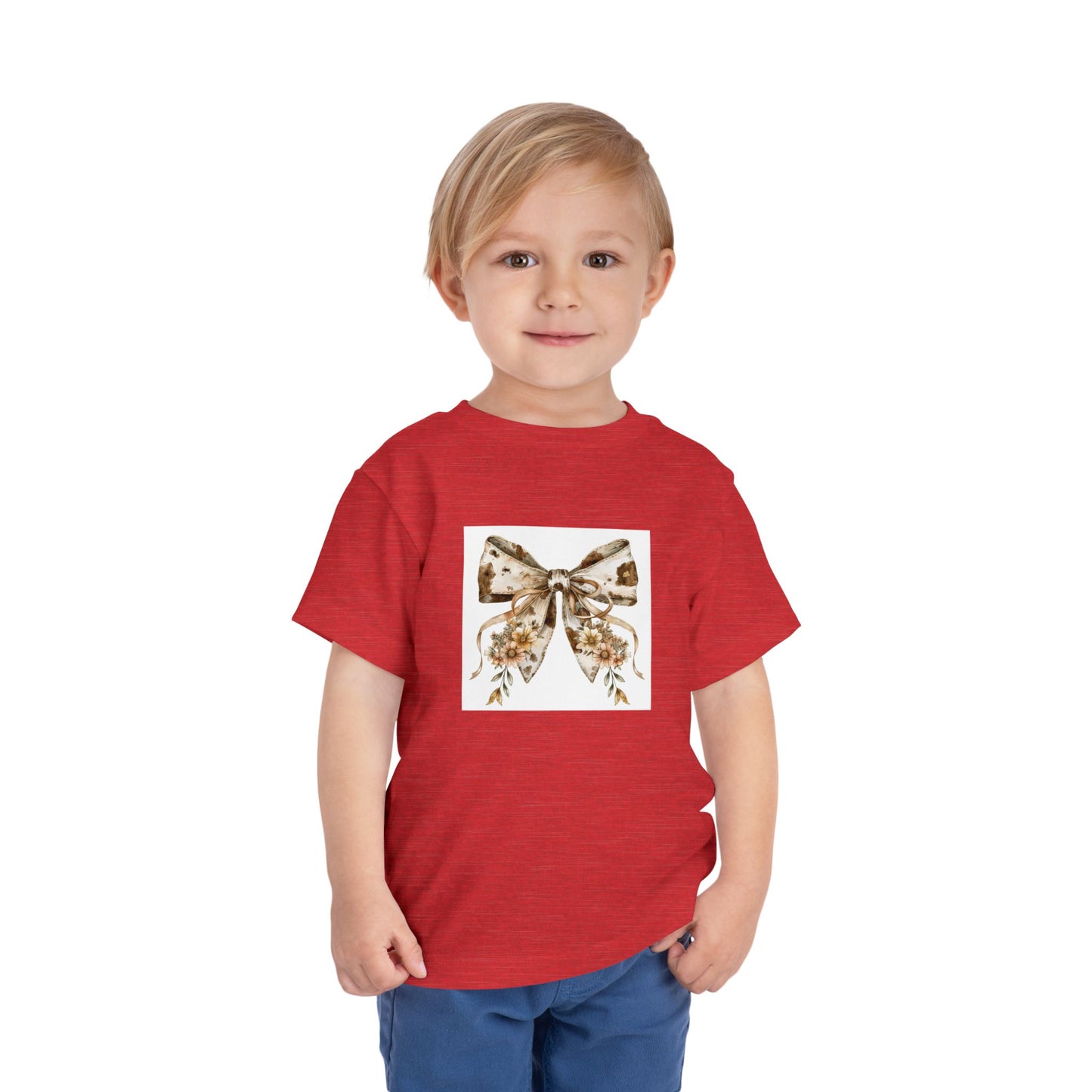 Toddler Short Sleeve Tee - Country Style Cow Print Bow with Wildflowers - Cute Kids' Fashion
