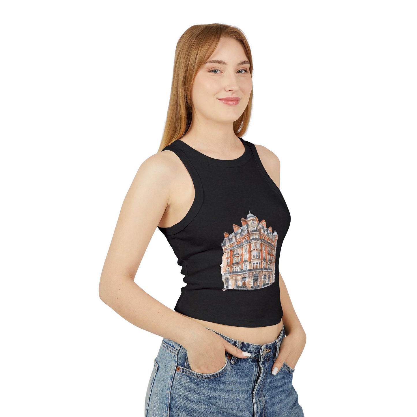 Women's Micro Rib Racer Tank Top - British Vintage Building - Architectural Charm and Classic Appeal