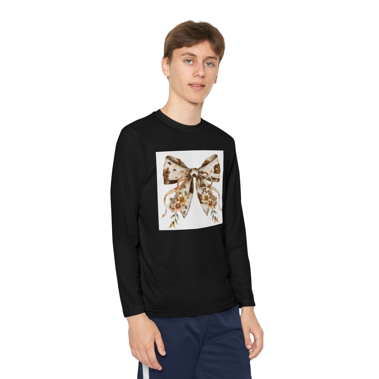 Youth Long Sleeve Tee - Boho Western Bow with Flowers and Cow Pattern - Stylish and Comfortable