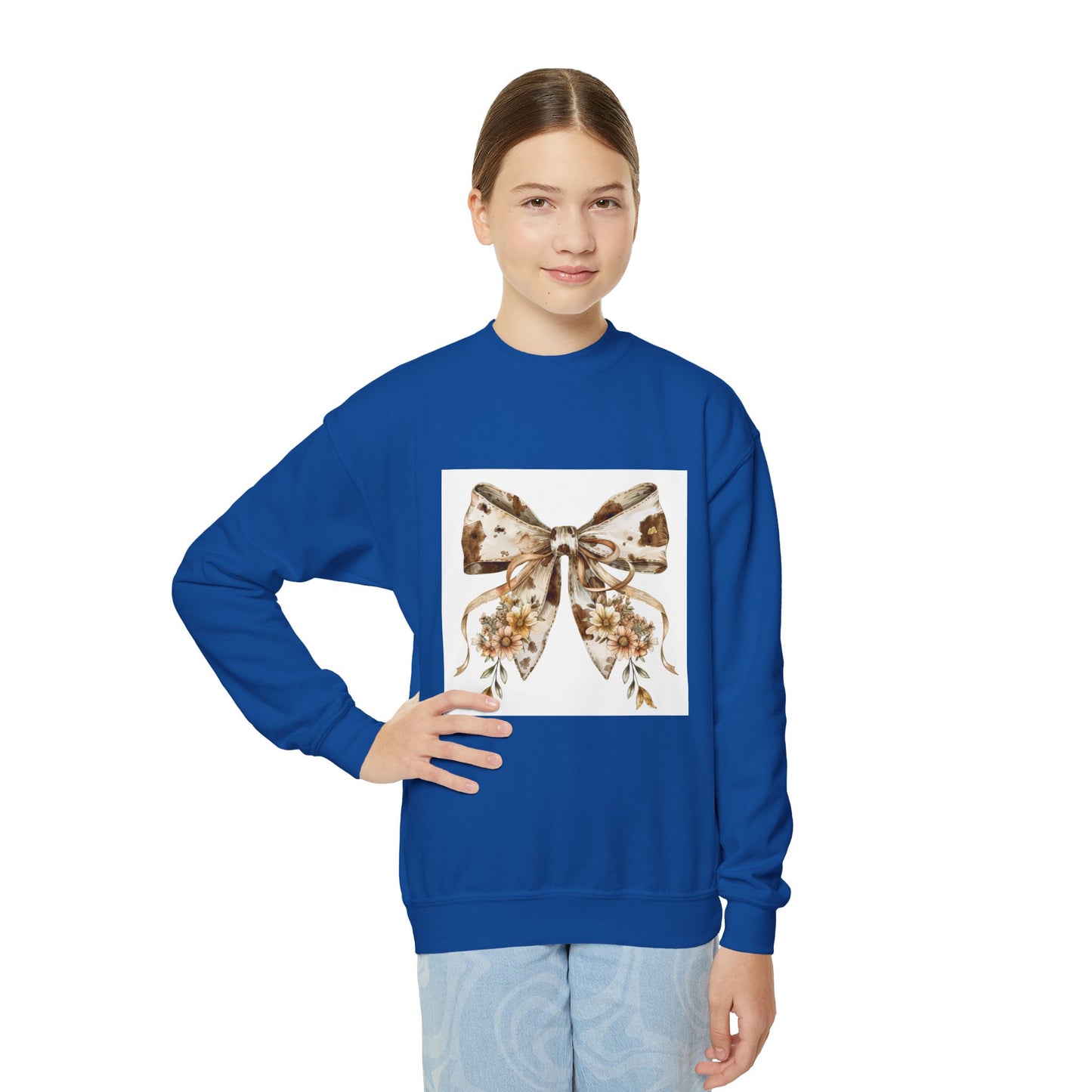 Floral Bow Youth Crewneck Sweatshirt - Cozy Fashion for Kids
