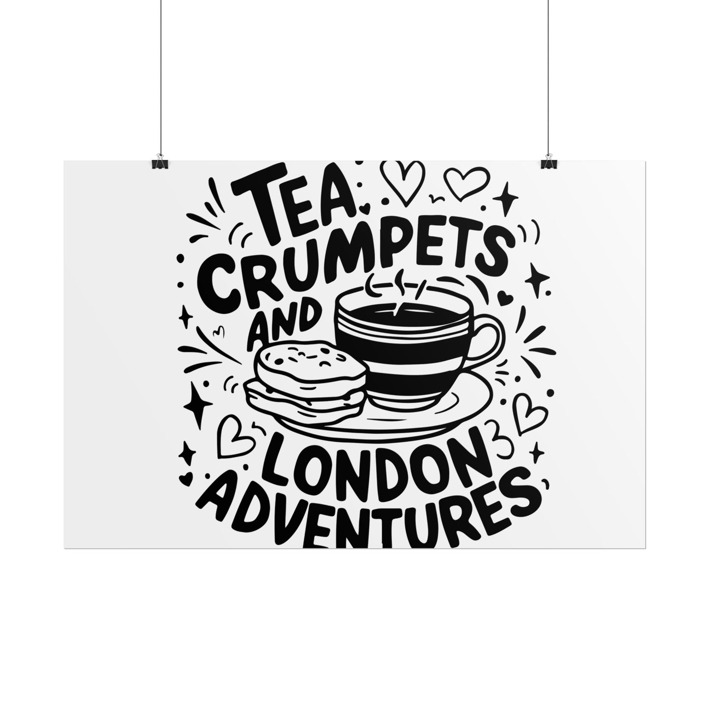 London Adventure Tea Crumpet Rolled Poster, Cute Wall Art, Gift for Tea Lovers, Home Decor, Travel Enthusiasts