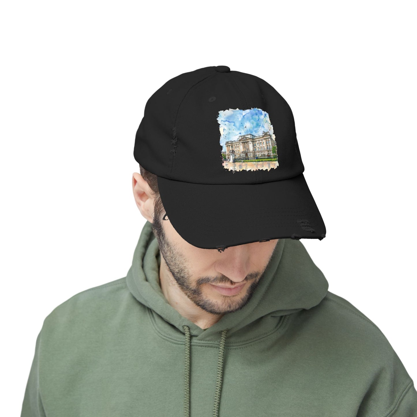 Watercolor Landmark Distressed Cap, Fashion Hat, Streetwear, Travel Gift, Summer Accessory, Vacation Outfit