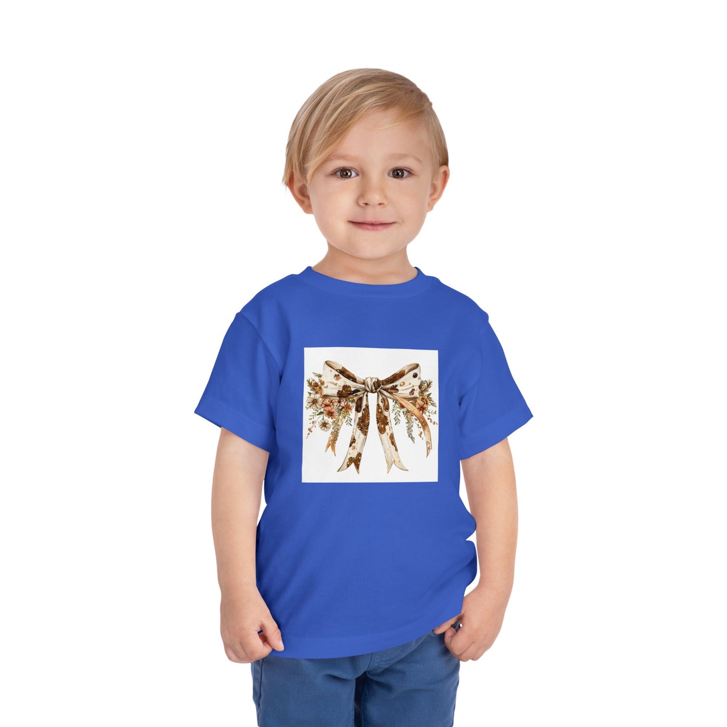 Toddler Short Sleeve Tee - Boho Western Bow with Flowers and Cow Pattern - Cute Kids Apparel for Celebrations
