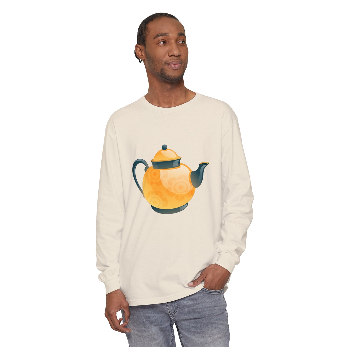 Unisex Garment-dyed Long Sleeve T-Shirt - Classic British Tea Kettle - Timeless Elegance in Tea Time