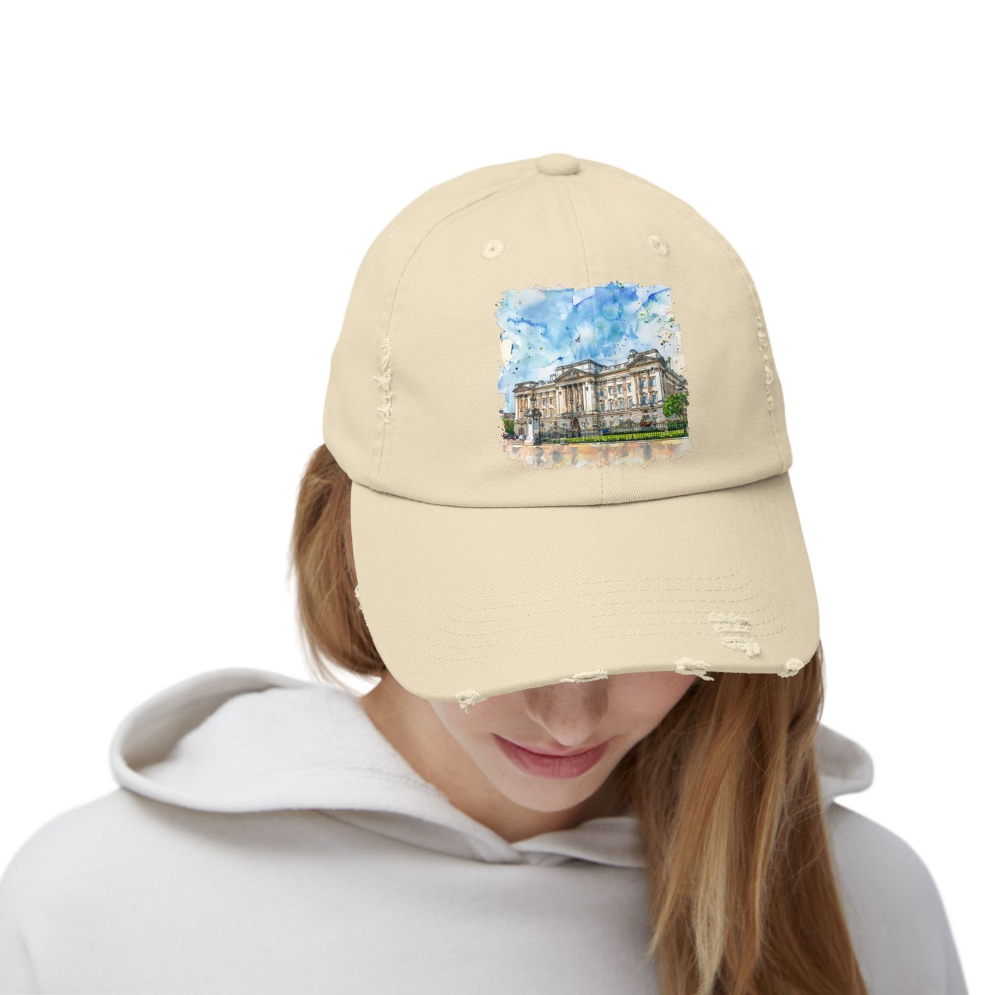 Watercolor Landmark Distressed Cap, Fashion Hat, Streetwear, Travel Gift, Summer Accessory, Vacation Outfit