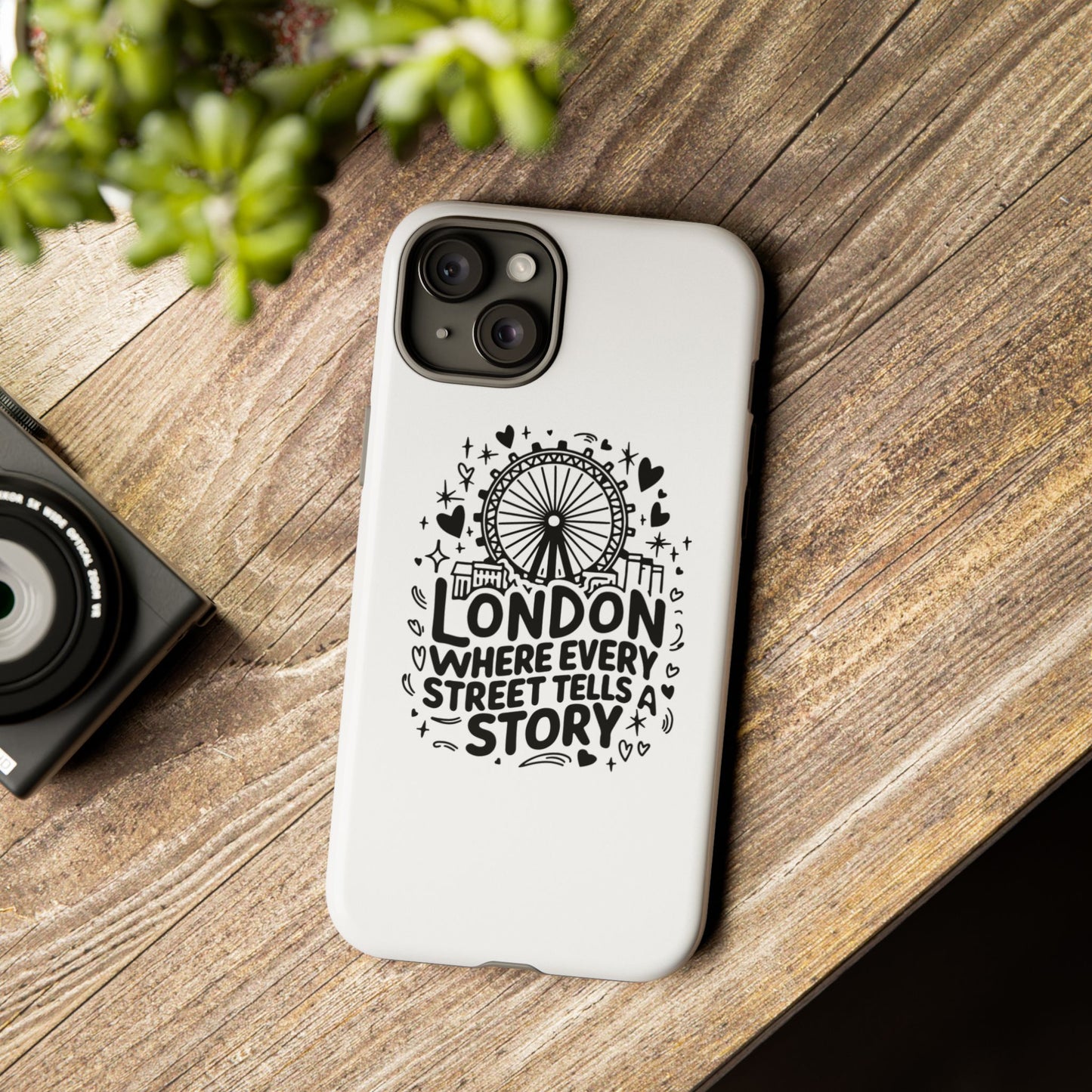 London Story Phone Case, Tough iPhone Cover, Gift for Travelers, London Souvenir, Black Typography Design