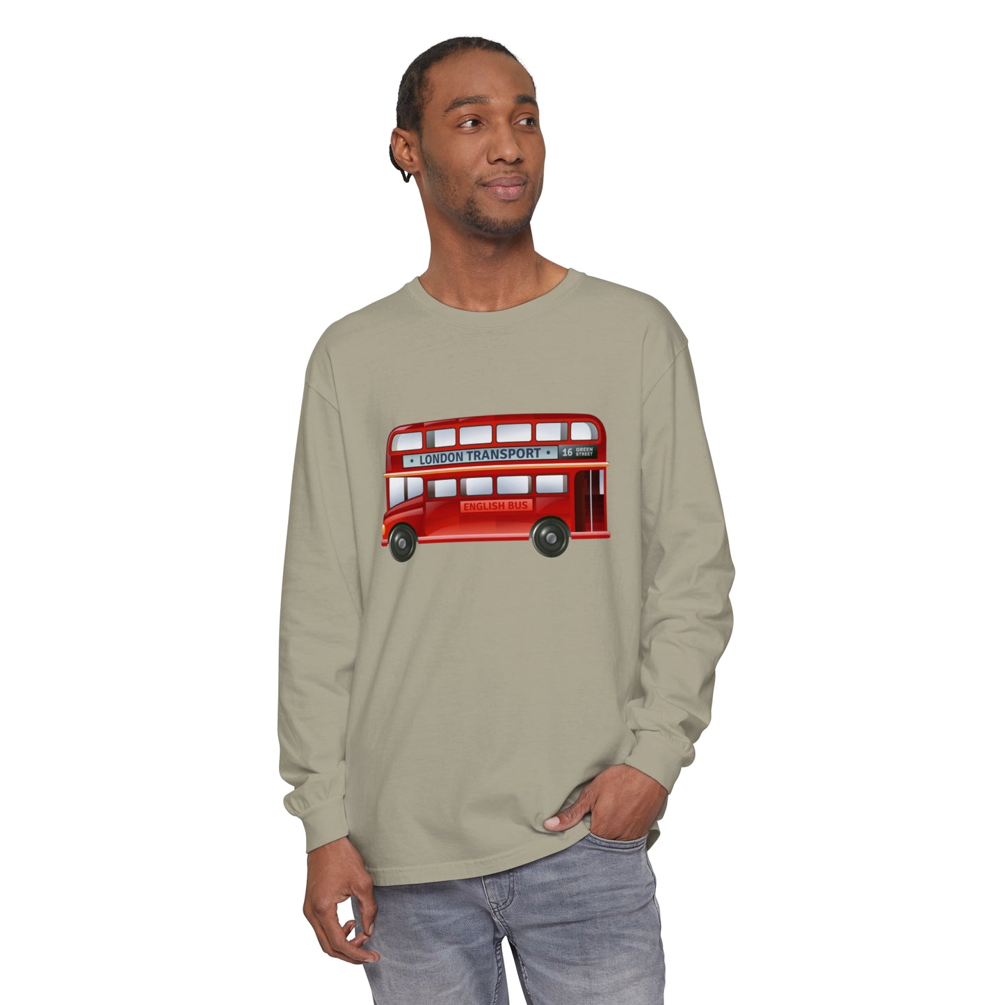 Unisex Garment-dyed Long Sleeve T-Shirt - London Transport English Bus - Iconic Red Double-Decker