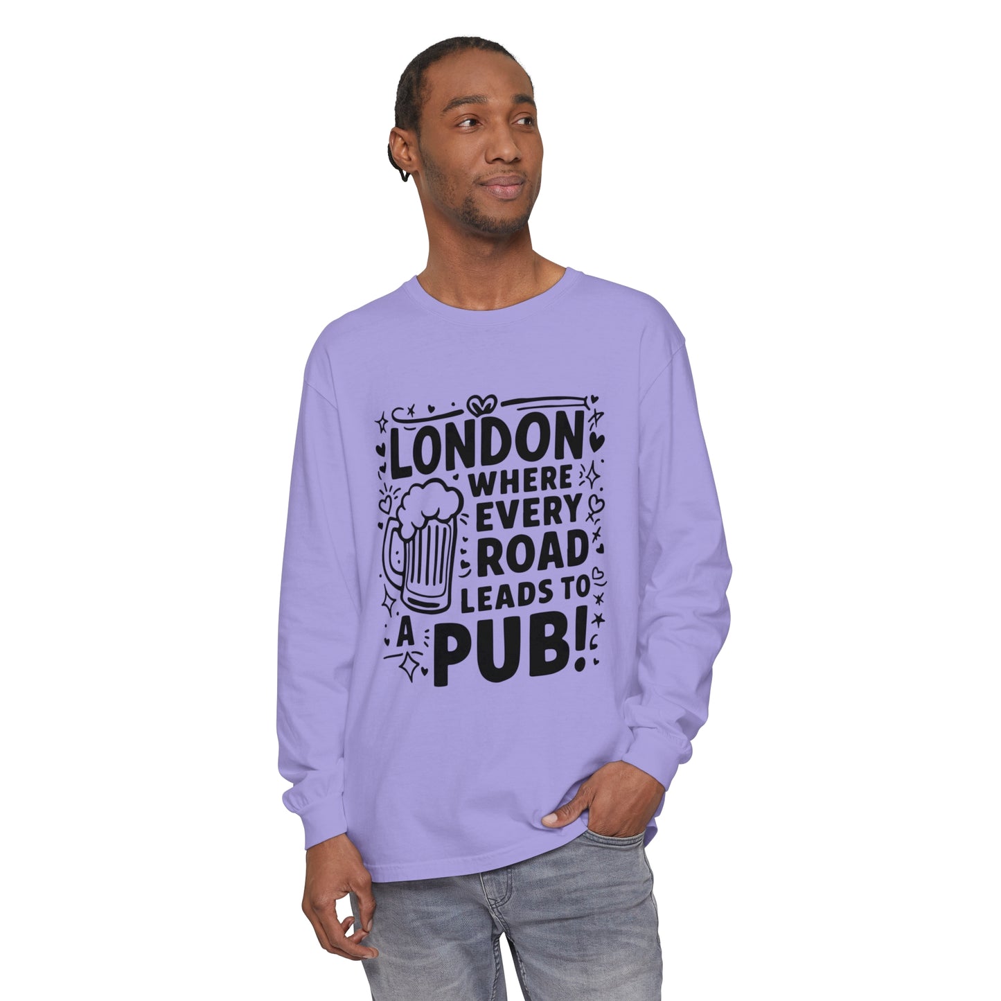 Unisex Garment-dyed Long Sleeve T-Shirt - London's Pub Leading Roads