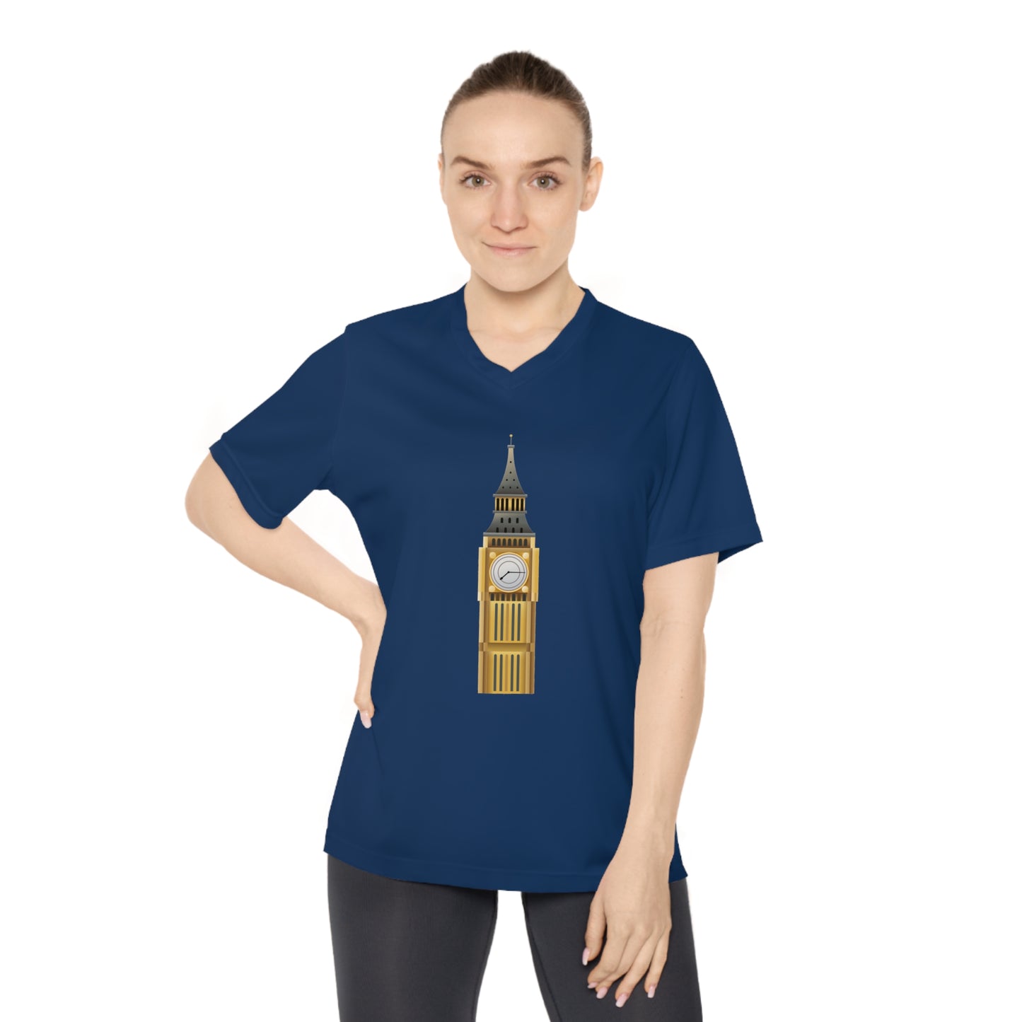 Women’s V-Neck Performance Tee - Big Ben Tower Watercolor Art Print - Perfect for Travel & Sports