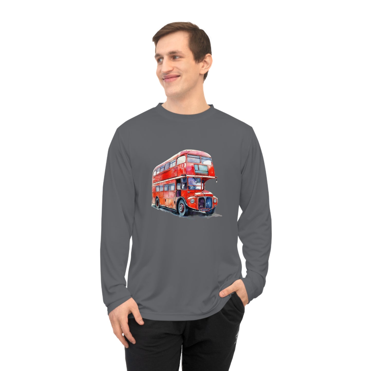 Unisex Performance Long Sleeve Shirt - Transport English Bus - Iconic Red Double-Decker