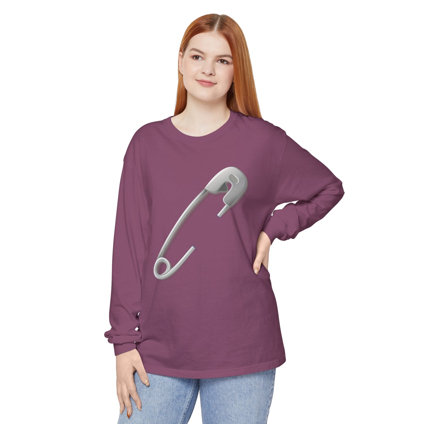 Unisex Garment-dyed Long Sleeve T-Shirt - Minimalist Safety Pin Design