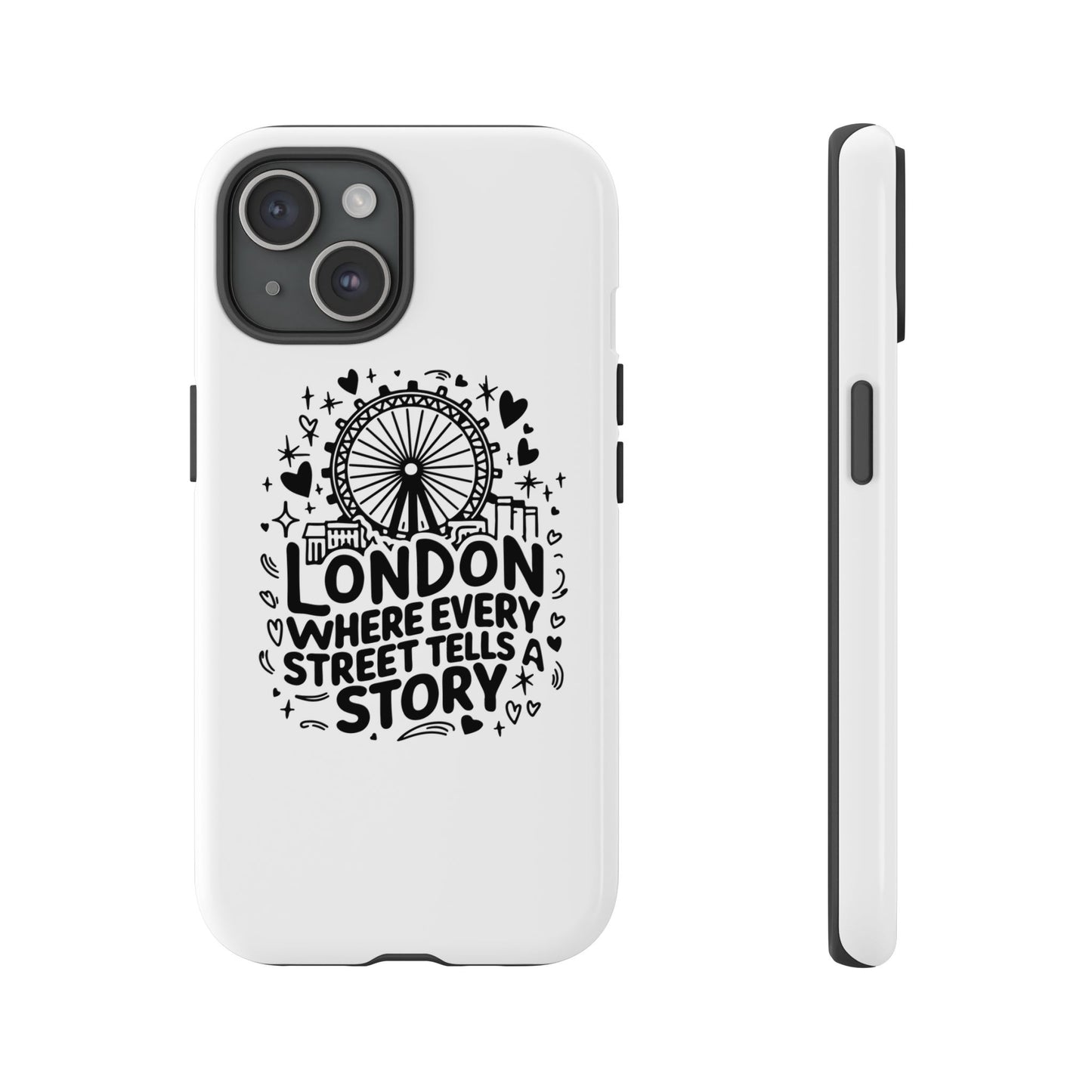 London Story Phone Case, Tough iPhone Cover, Gift for Travelers, London Souvenir, Black Typography Design
