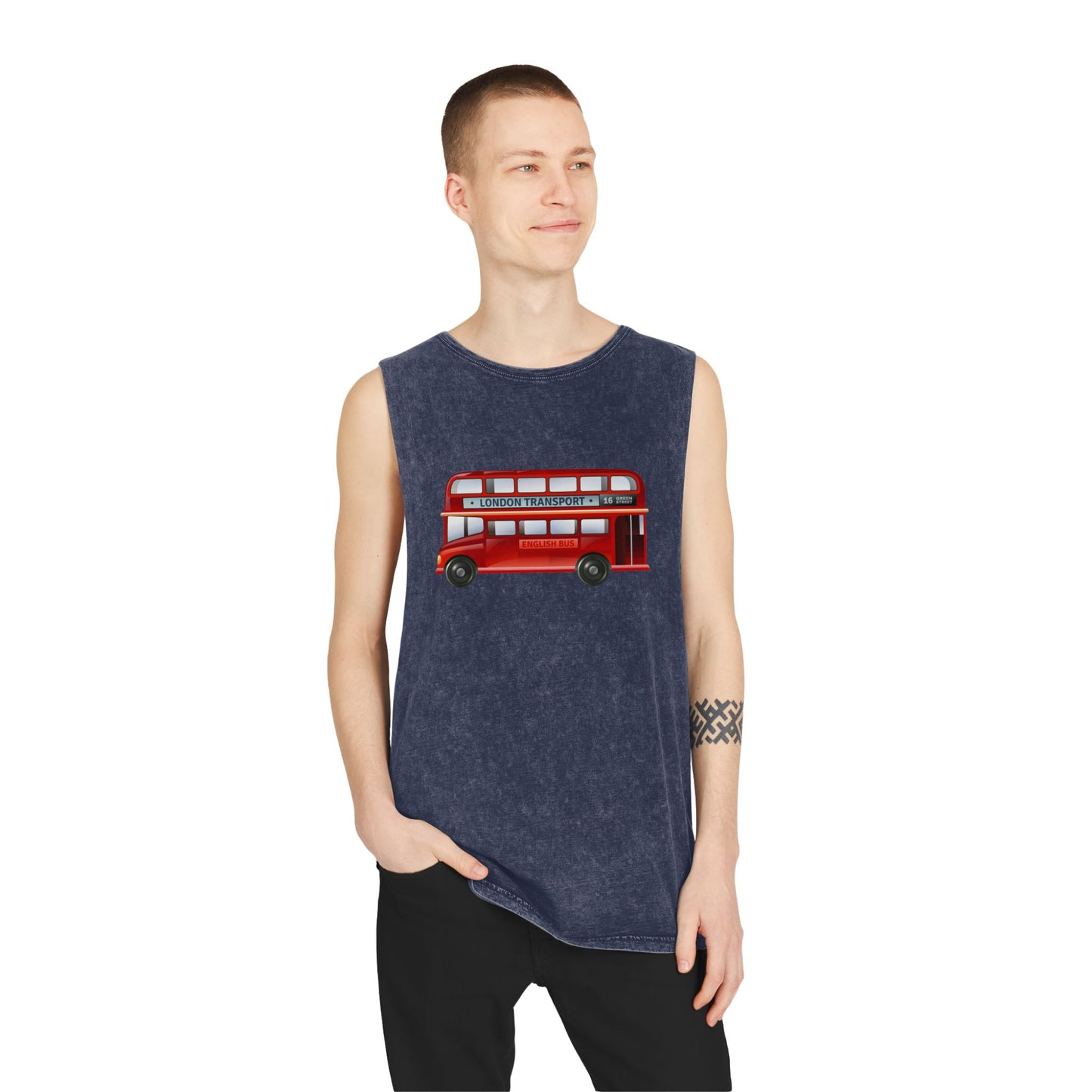 Unisex Stonewash Tank Top - London Transport English Bus - Iconic Red Double-Decker