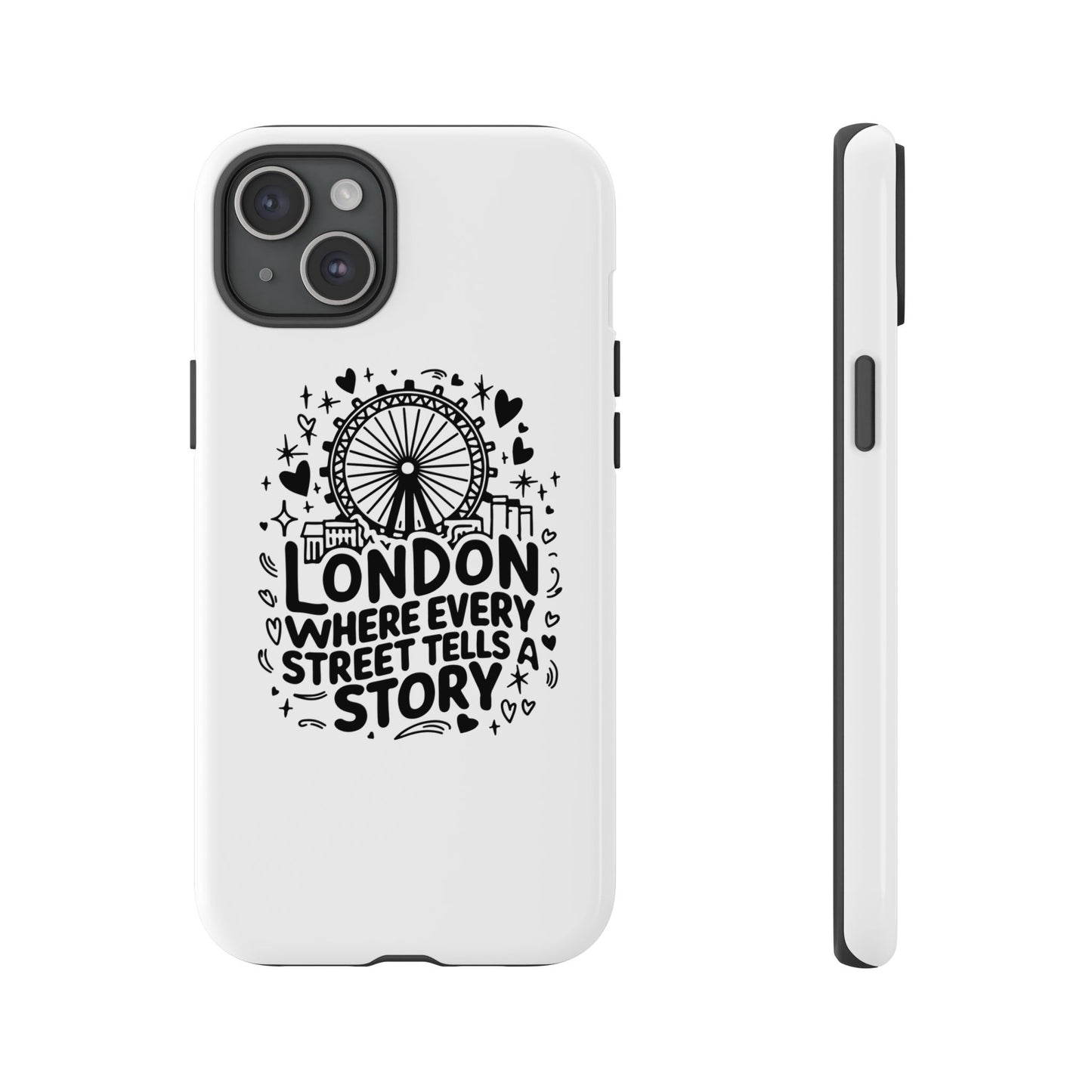 London Story Phone Case, Tough iPhone Cover, Gift for Travelers, London Souvenir, Black Typography Design