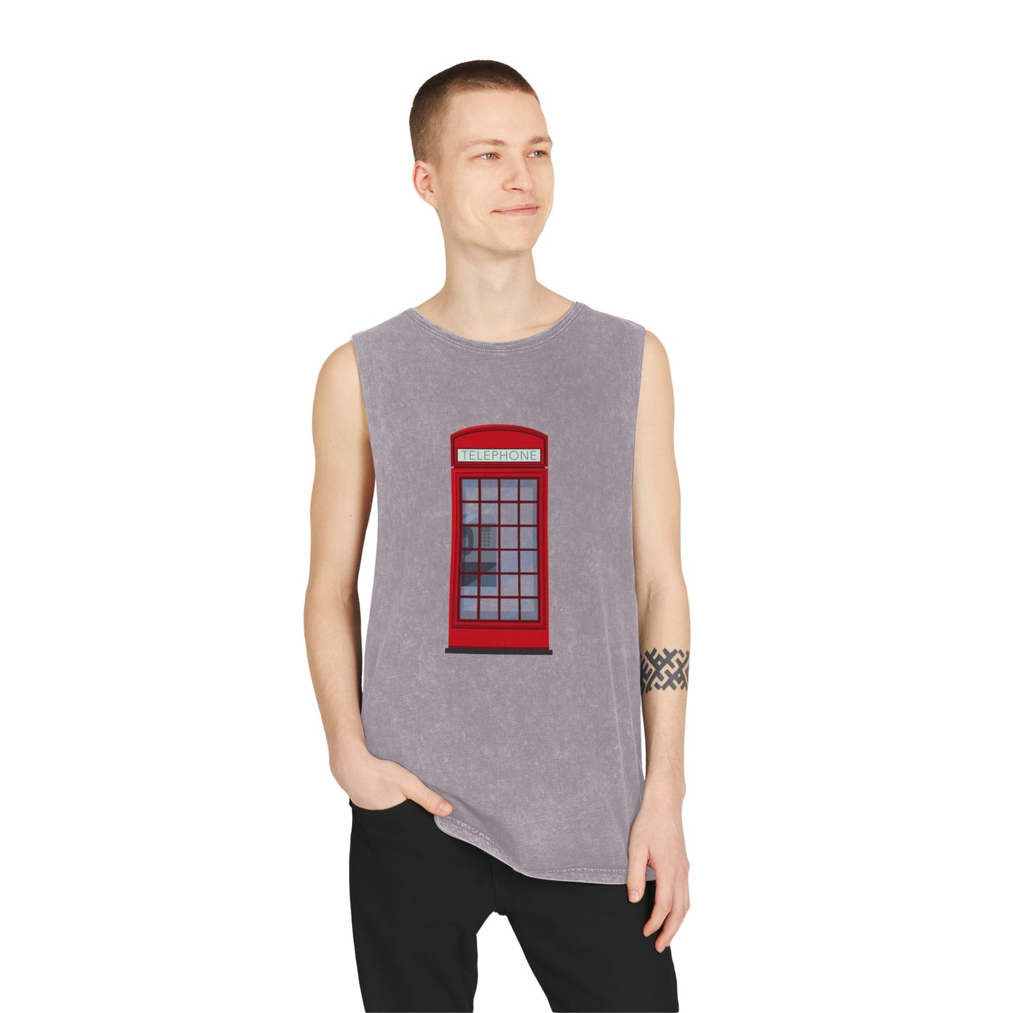 Unisex Stonewash Tank Top -  Iconic British Public Telephone - Classic Red Phone Box