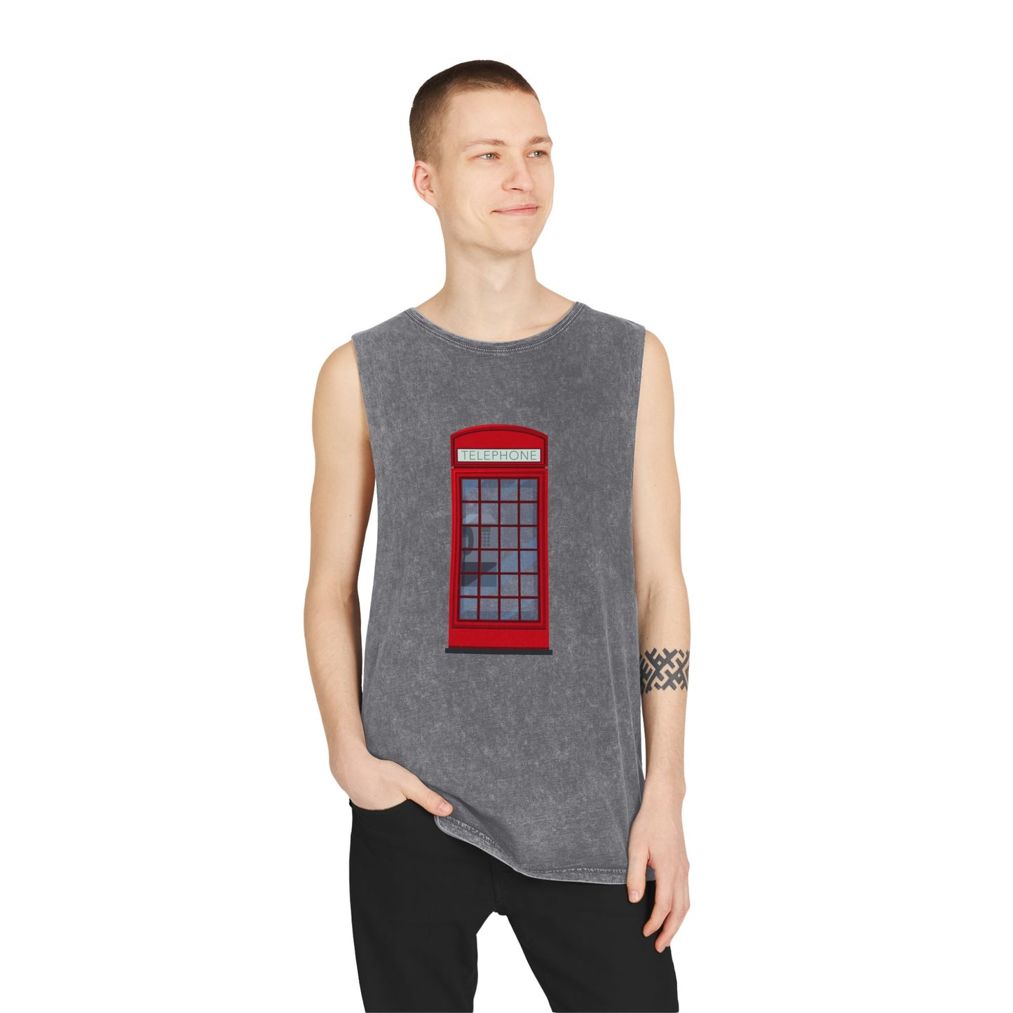Unisex Stonewash Tank Top -  Iconic British Public Telephone - Classic Red Phone Box