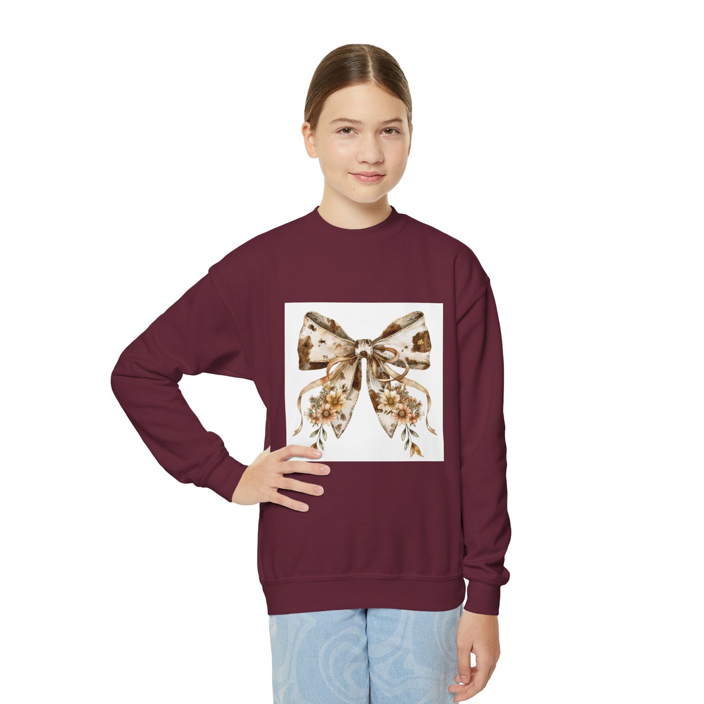 Floral Bow Youth Crewneck Sweatshirt - Cozy Fashion for Kids