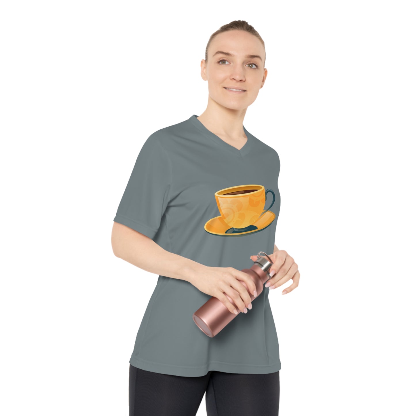 Women's Performance V-Neck T-Shirt - Perfect for Active Days - Coffee Lover - Elegant British Tea Cup - Classic Tea Time Style