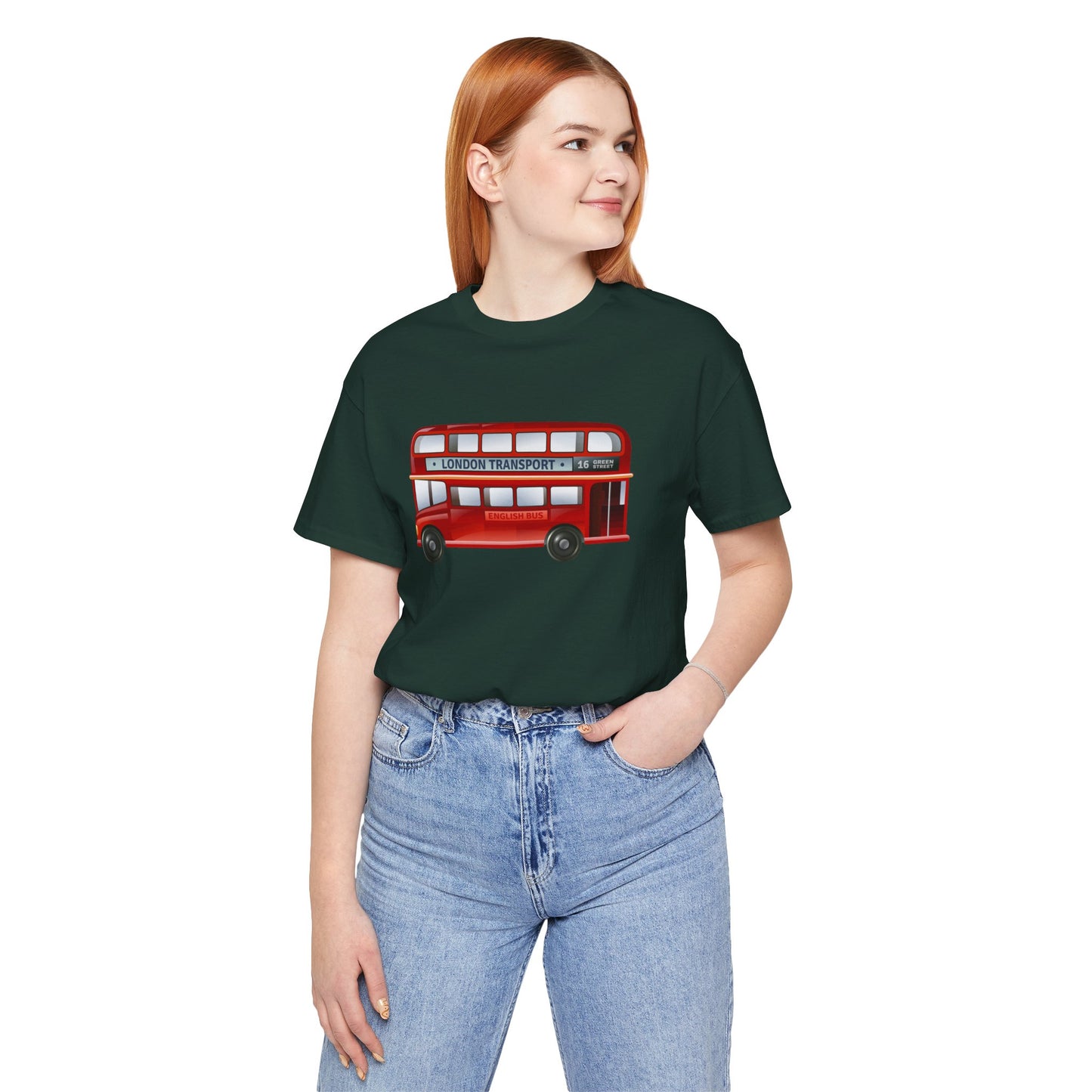 Unisex Jersey Short Sleeve Tee - London Transport English Bus - Iconic Red Double-Decker