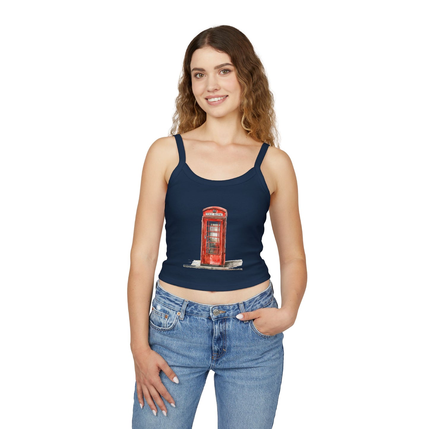 Women's Spaghetti Strap Tank Top - Iconic British Public Telephone - Classic Red Phone Box Design