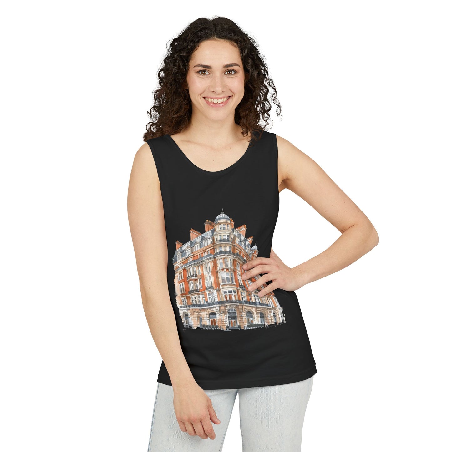 Unisex Garment-Dyed Tank Top - British Vintage Building - Architectural Charm