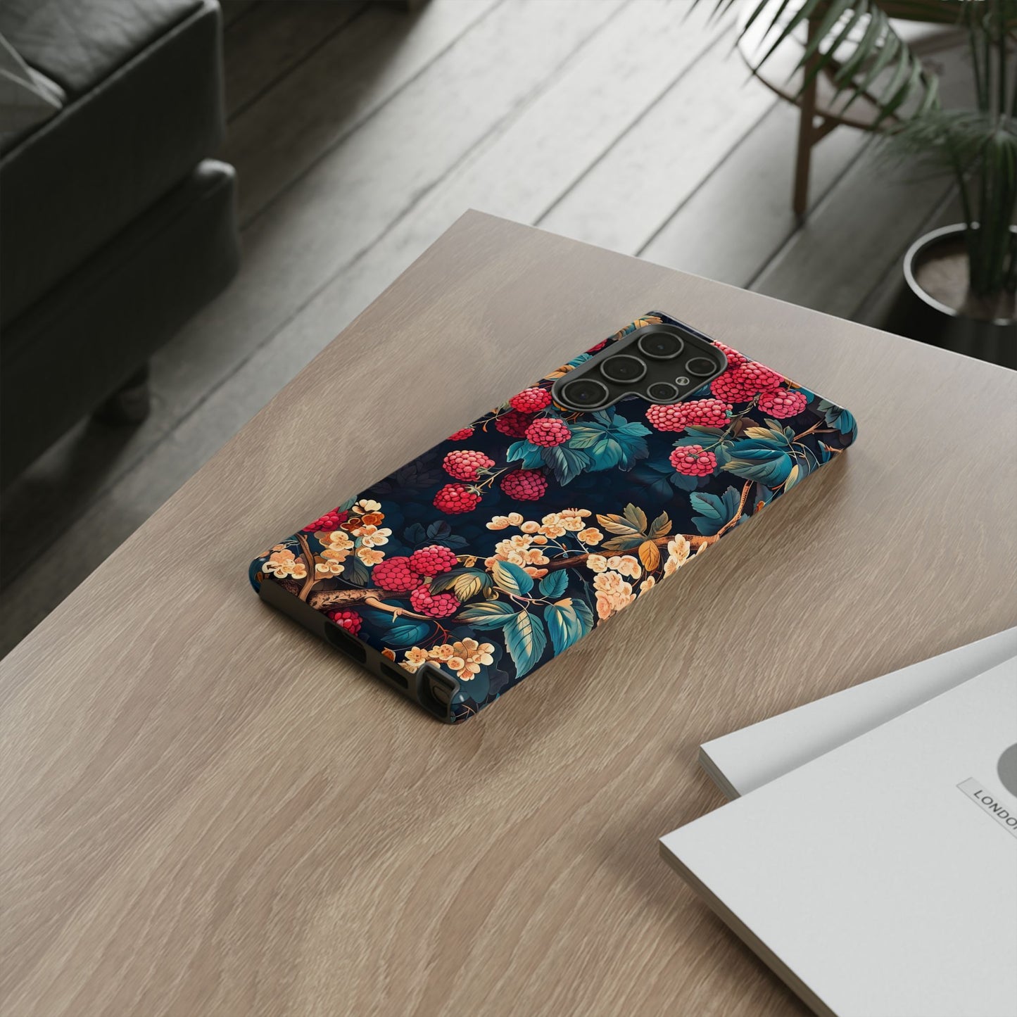 Floral Phone Case with Berry Design, Durable Phone Cover, Floral Print, Gift for Plant Lovers, Nature-Inspired Accessory