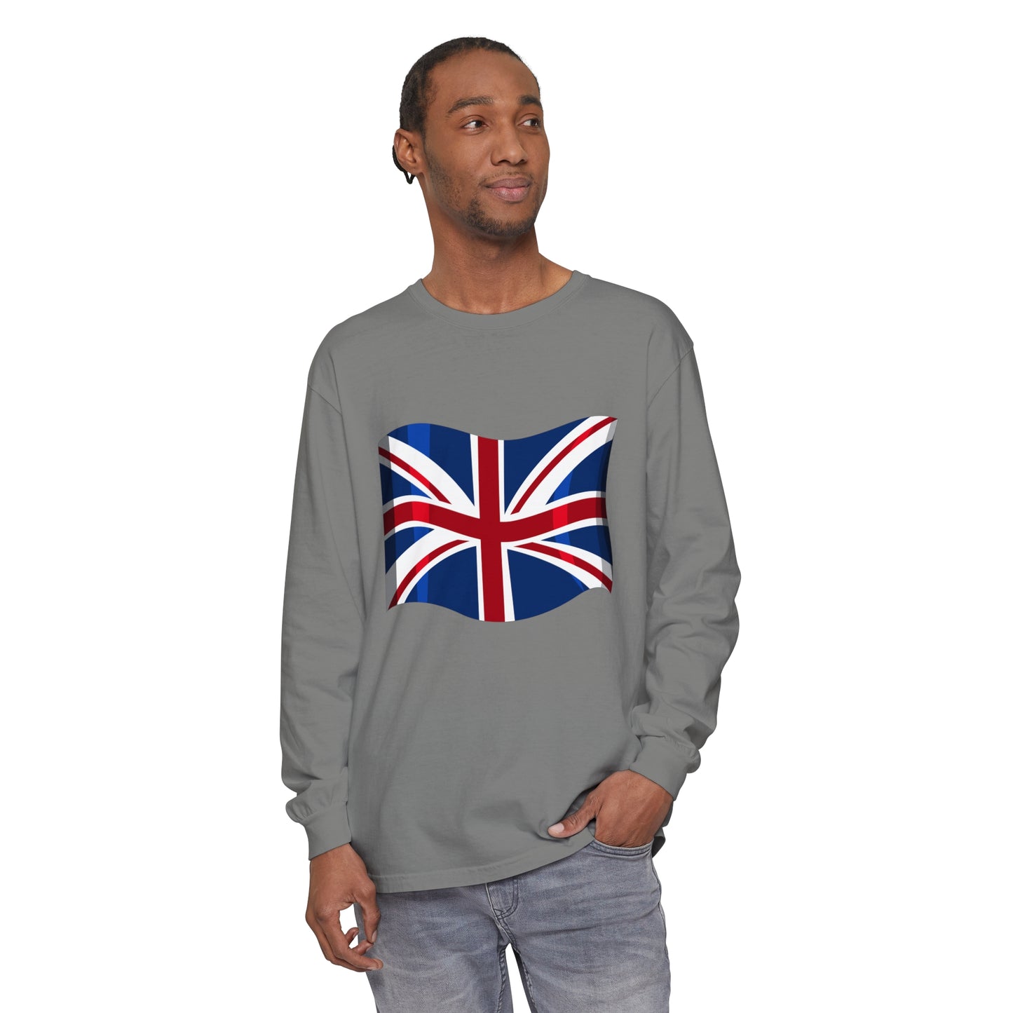 Unisex Garment-dyed Long Sleeve T-Shirt - Classic UK Flag Design - Union Jack Symbol