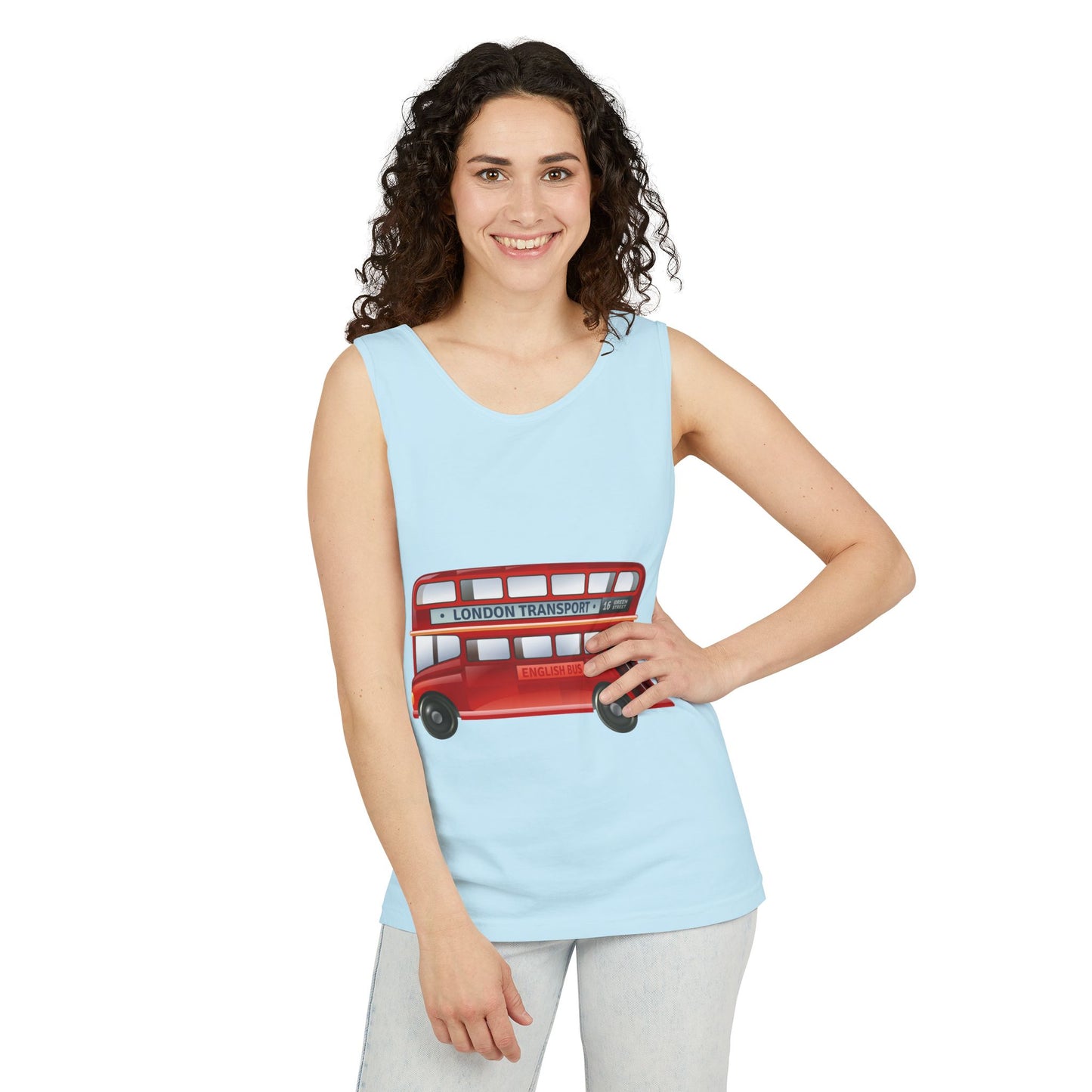 Unisex Garment-Dyed Tank Top - Vintage British Double-Decker Bus Art Print
