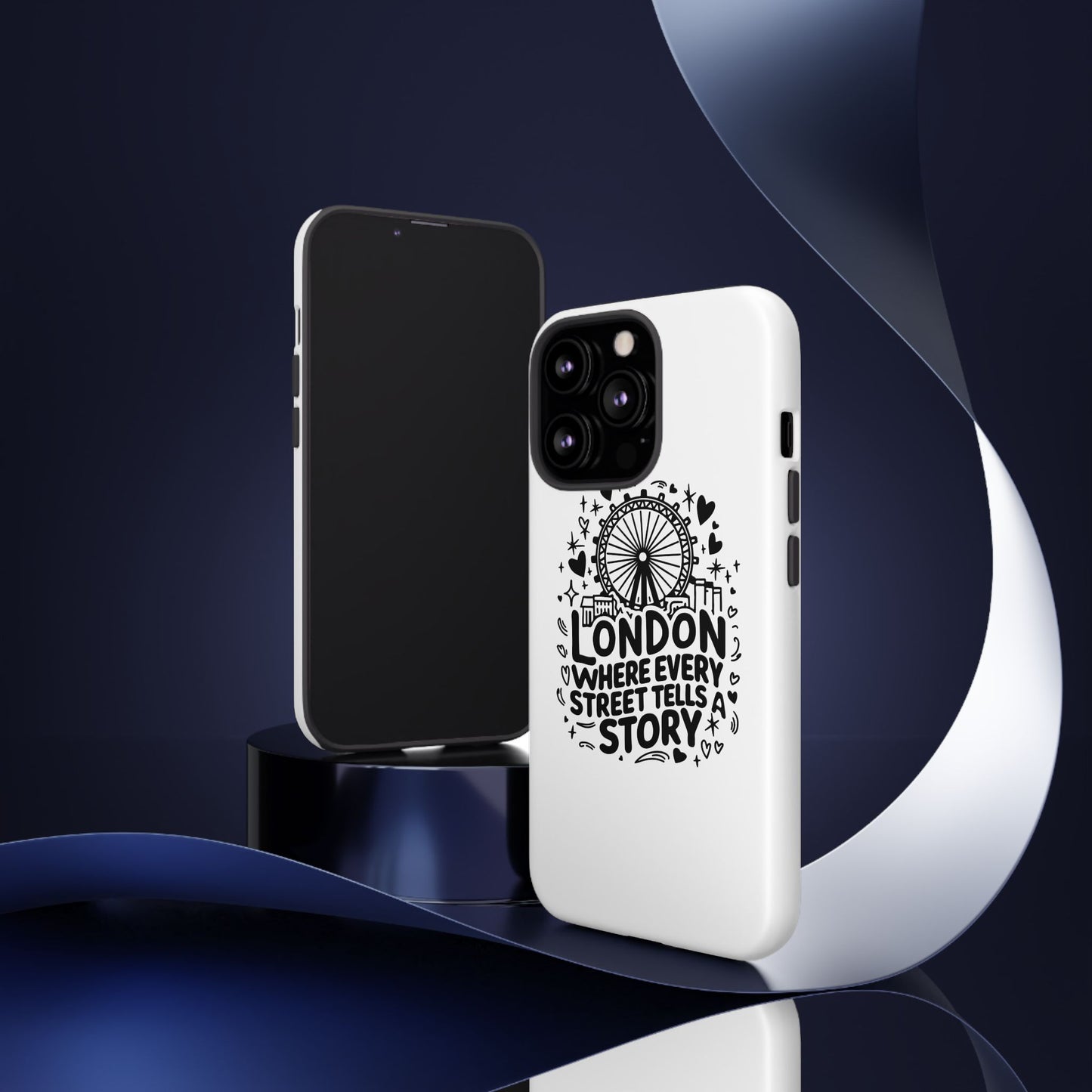 London Story Phone Case, Tough iPhone Cover, Gift for Travelers, London Souvenir, Black Typography Design
