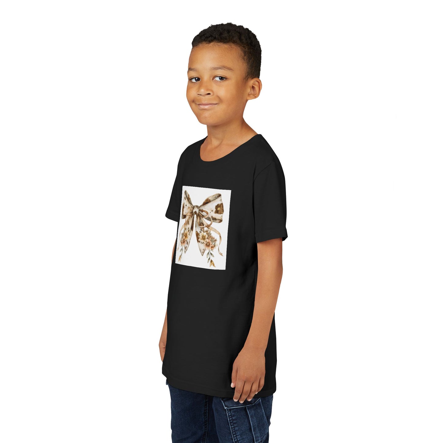 Youth Short Sleeve Tee - Boho Western Bow with Flowers and Cow Pattern - Cute & Comfortable for Everyday Wear